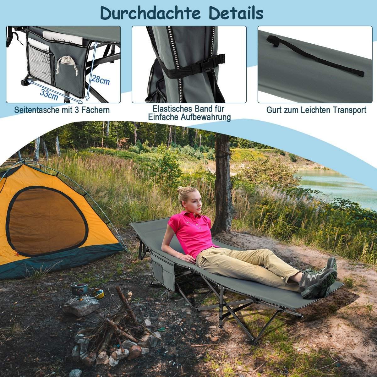 Sammenklappelig Campingseng Slidstærk Rejseseng 190 x 70 x 54 cm Grå