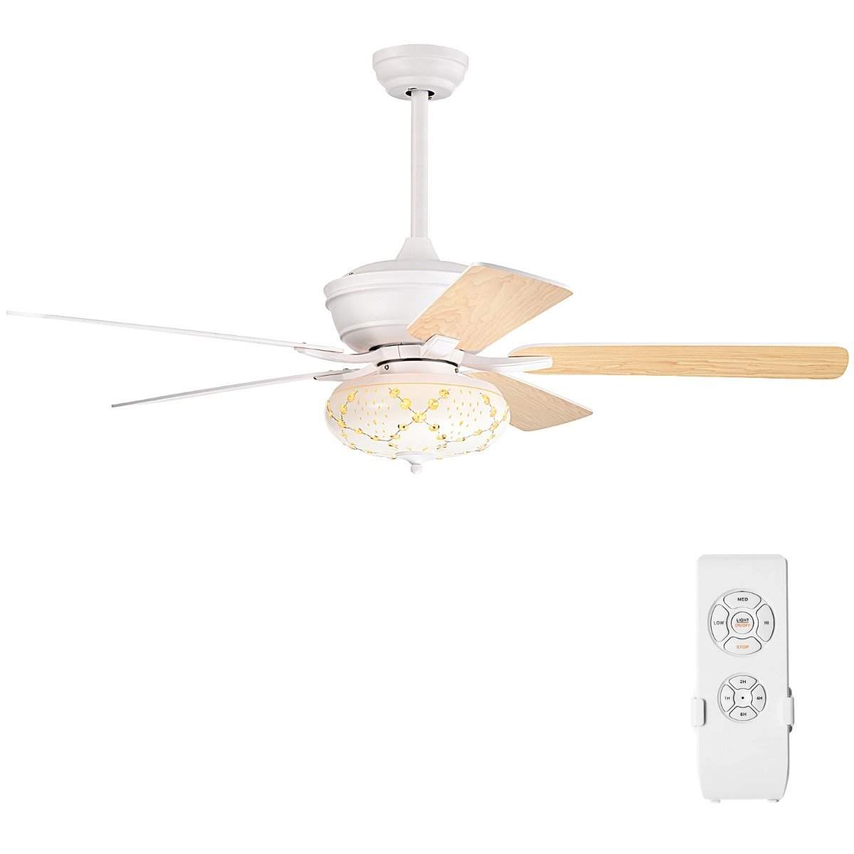 132cm loftventilator træ med belysning vendbar ventilator med lampe 4H timer hvid