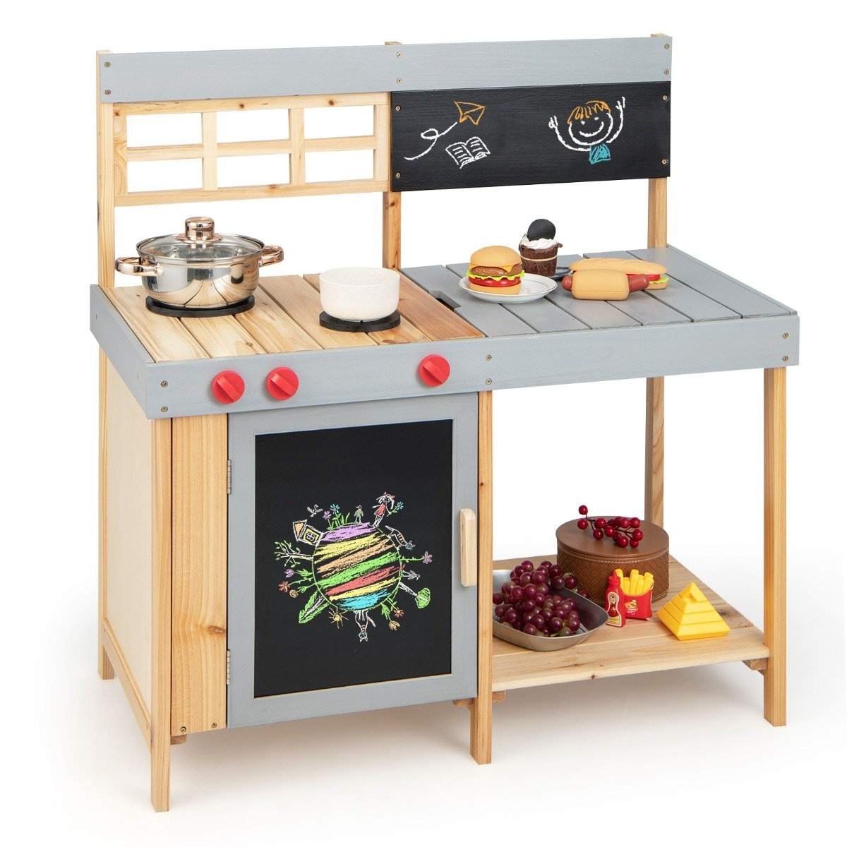 Udendørs børne mudder køkken sæt træ lege køkken 89 x 45 x 90 cm natur + grå