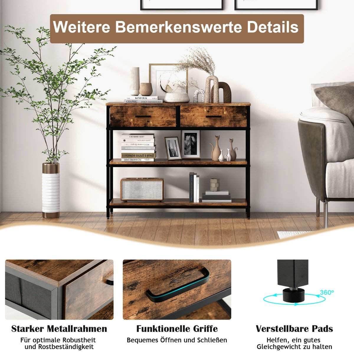 100 cm konsolbord med 2 stofskuffer 3 etagers sidebord rustik brun