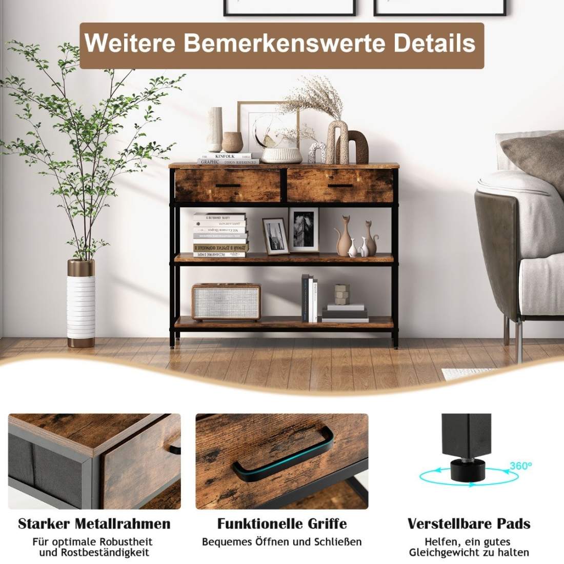 100 cm konsolbord med 2 tyglådor 3-vånings sidobord Rustikbrun | Hem & Hobby - Hem & Hushåll - Sovrum | Pryloteket