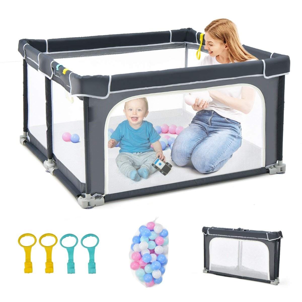 Firkantet Babykravlegård 124 x 124 cm Stort Legehegn Mørkegrå