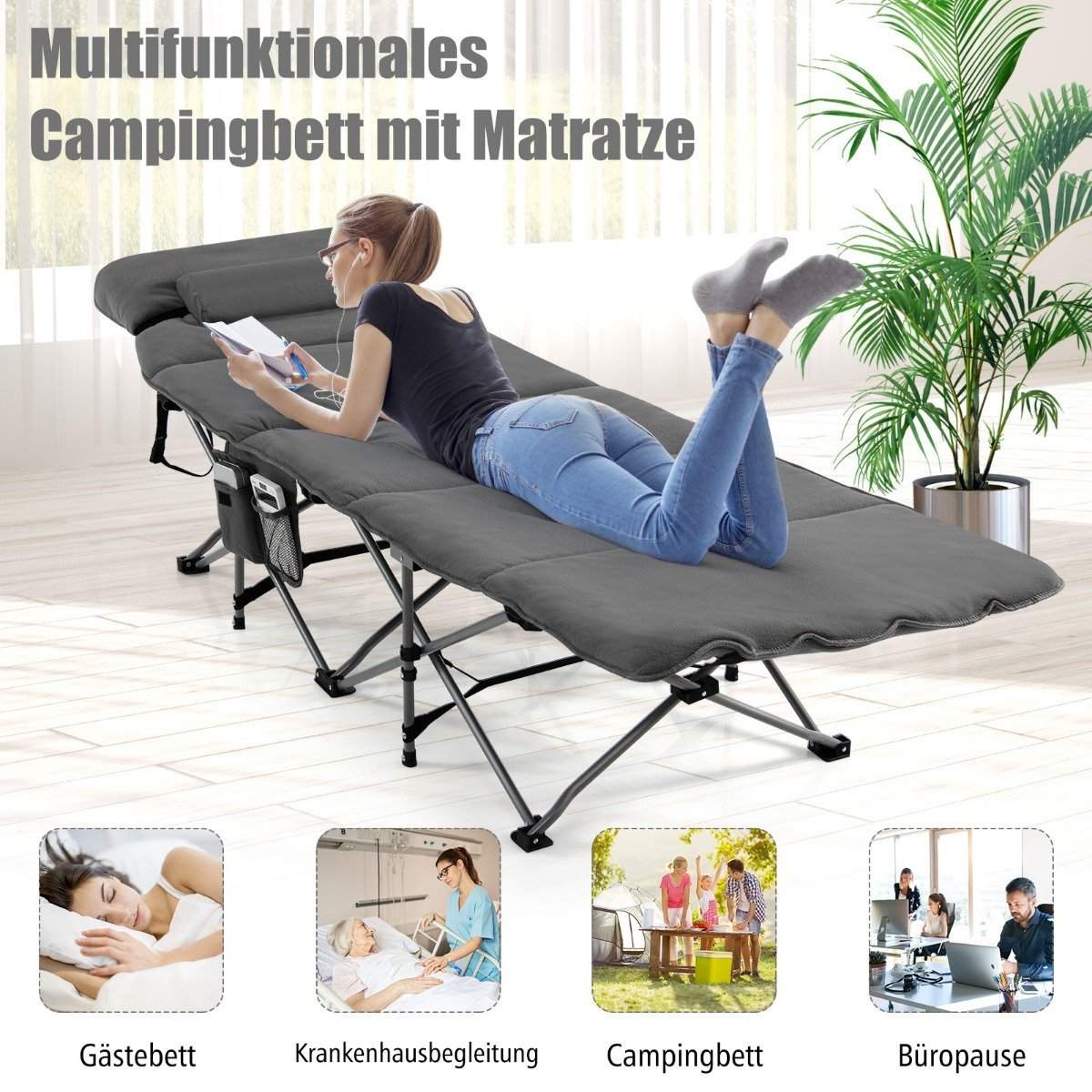 Feltseng sammenklappelig campingseng med madras 185 cm x 65 cm x 41-53 cm grå
