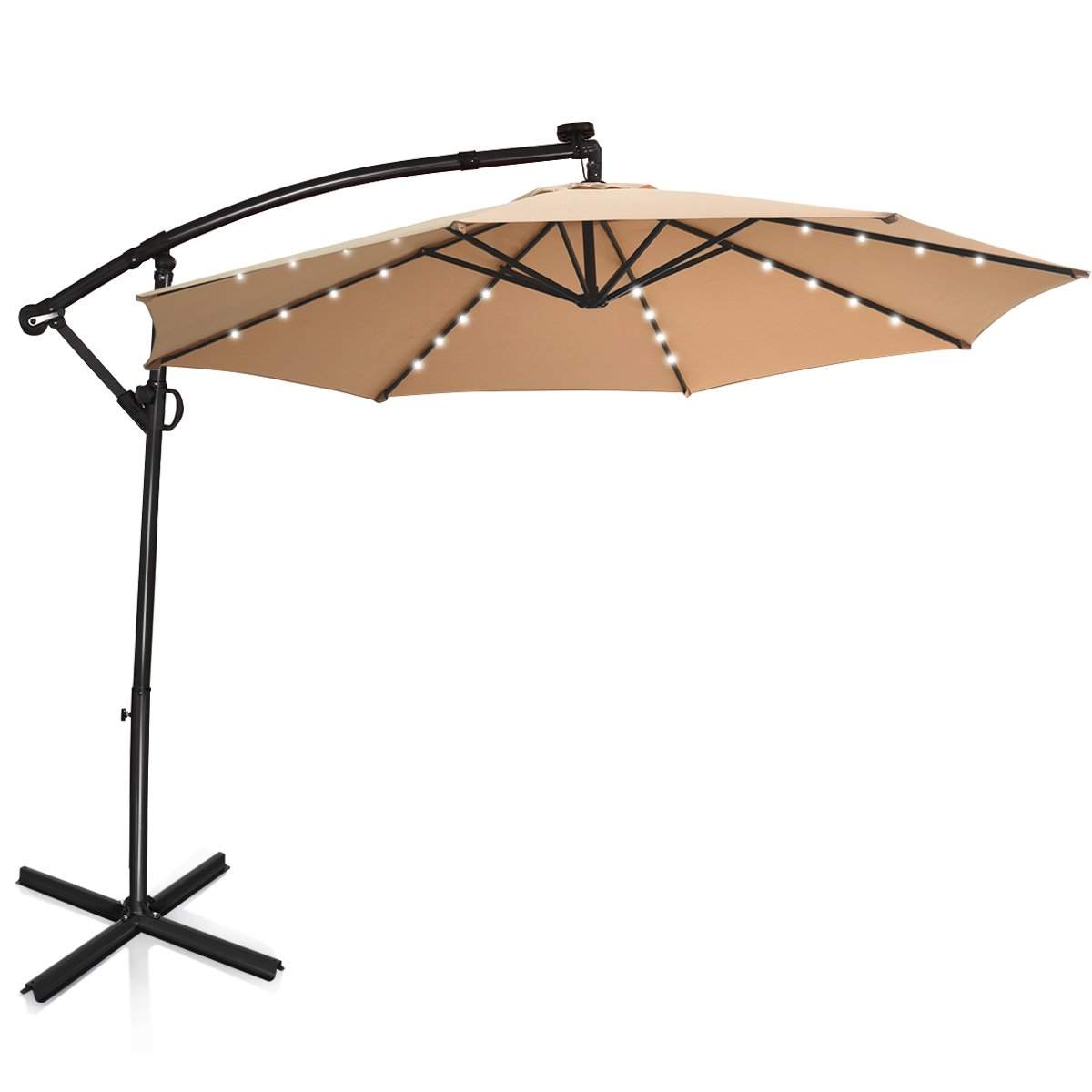 Parasol med LED-solarbelysning, drejelig udkraget paraply til haven, Ø 300 cm, beige