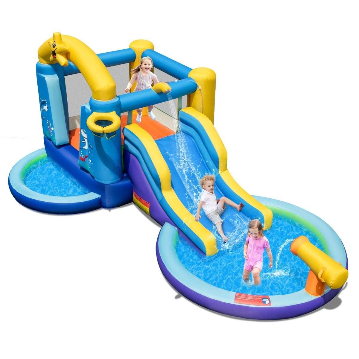 Uppblåsbar vattenrutschbana med 2 pooler & 680W blåsare & vattenkanonblå | Leksaker & Spel - Leksaker - Bad- & Vattenlek - Uppblåsbart | Pryloteket