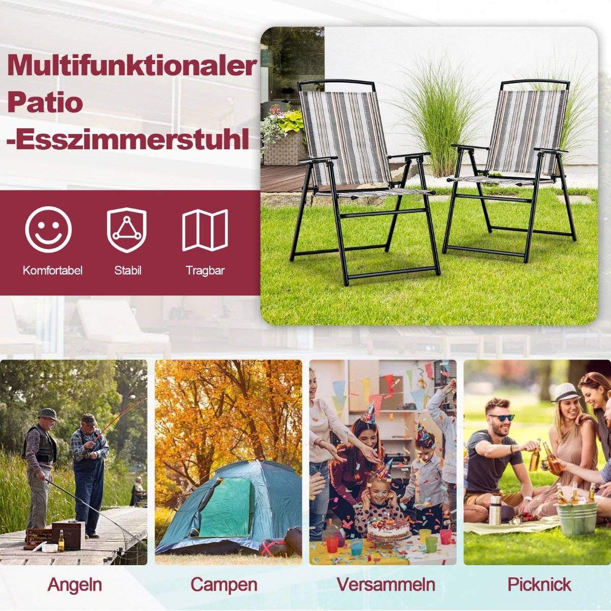 Sæt med 2 havestole klapstole med armlæn 51 x 61,5 x 92 cm grå