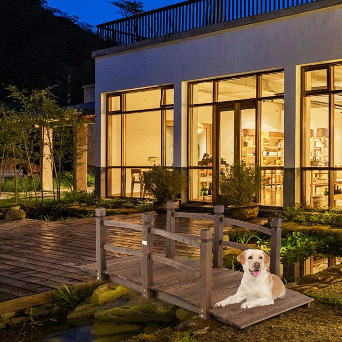 1,7 m lång trädgårdsbro i trä, dekorativ dammbro med fallskydd, 180 kg lastkapacitet | Hem & Hobby - Hem & Hushåll - Bygg | Pryloteket