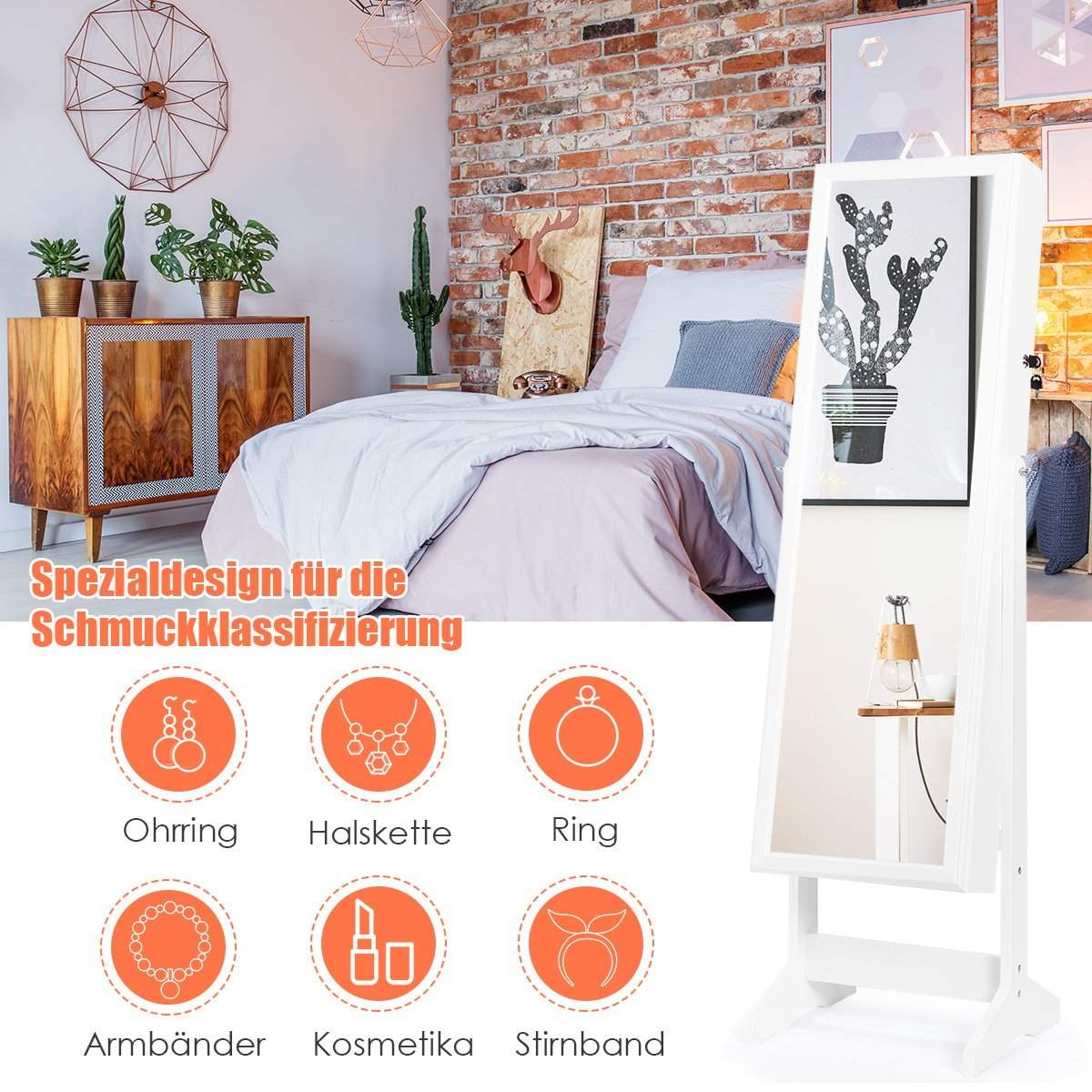 Smykkeskab med spejlsmykkestativ i fuld længde 41 x 36,5 x 146 cm hvid