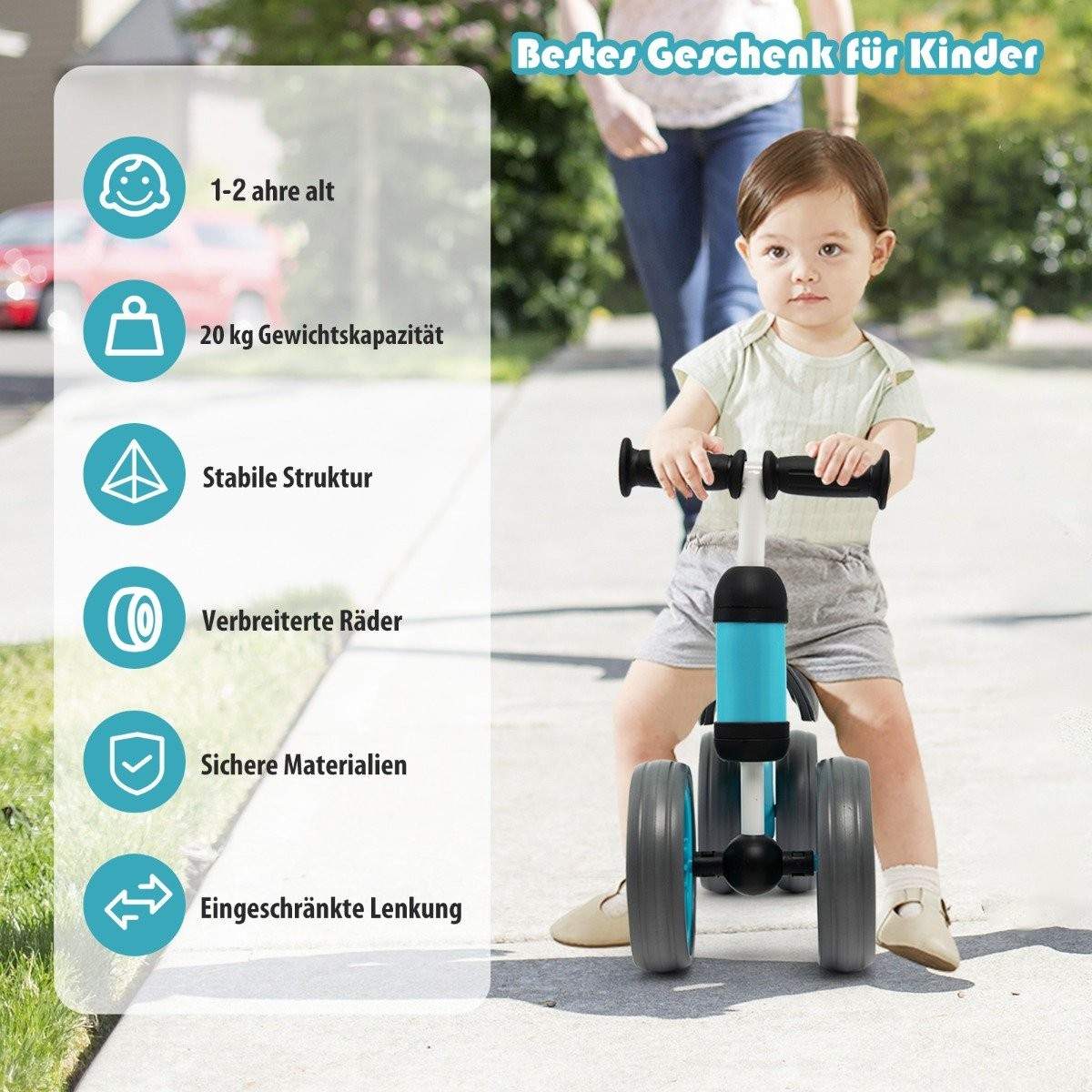 4 hjulet børnebalancecykel uden pedal til børn fra 1-2 år blå