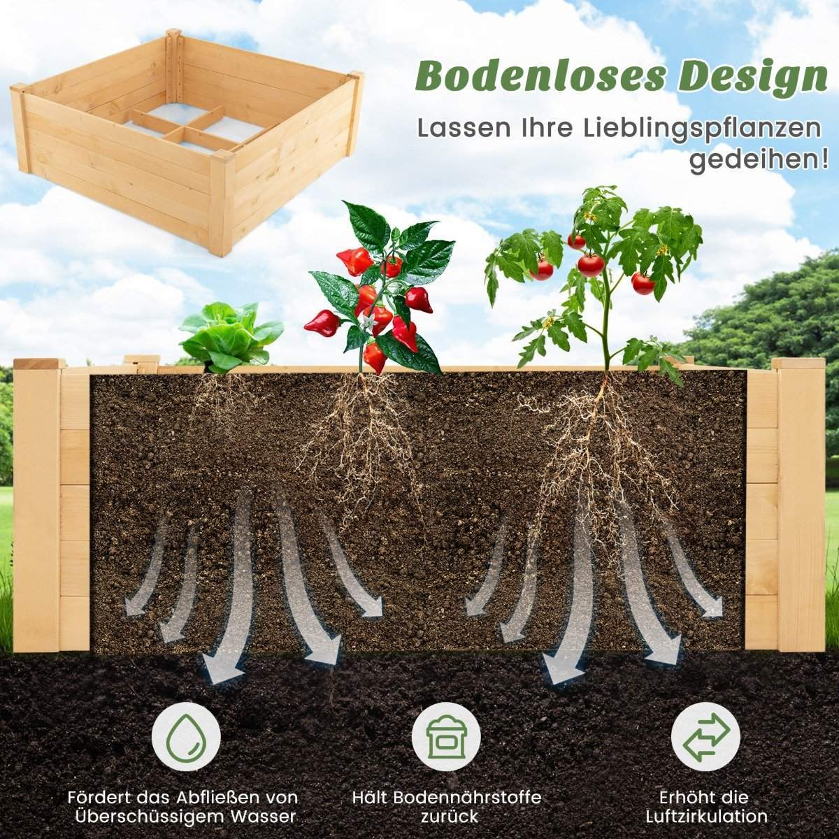 Højbed med hegn plantekasse i træ med 4-sidet beskyttelseshegn & plantegitter 107 x 107 x 70 cm