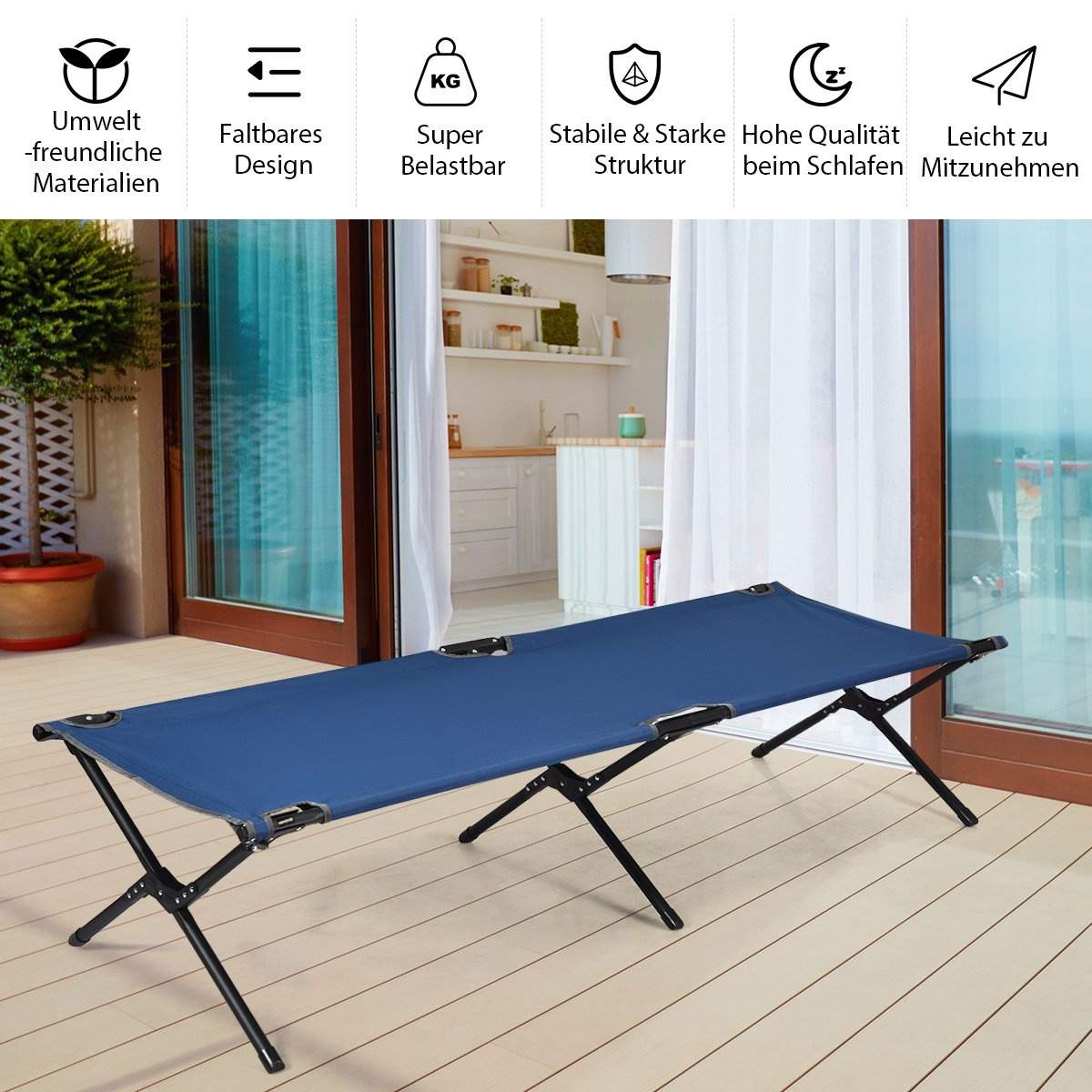 Feltseng, campingseng, metalstel, foldbar klapseng, belastning op til 135 kg, 190 x 67 x 42 cm, blå
