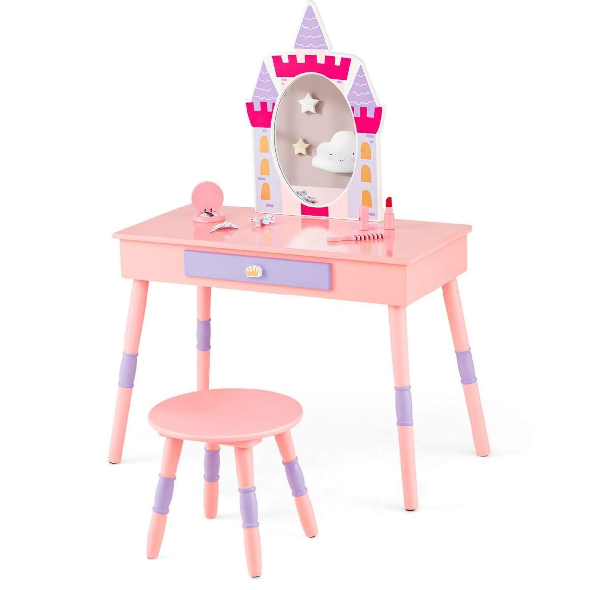 2 i 1 sminkebord til børn med skammel sminkebordssæt lavet af pink træ
