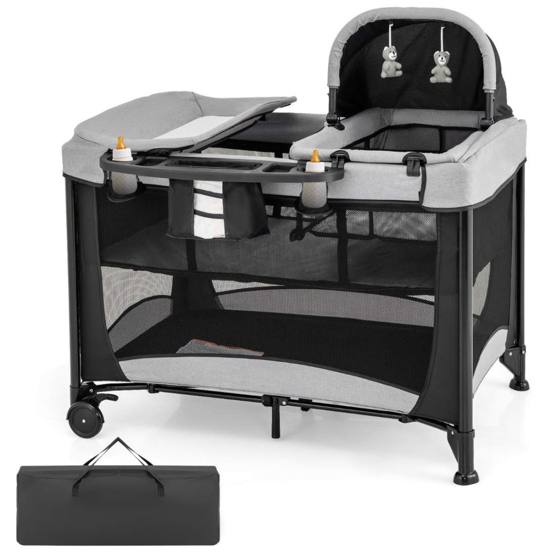 5 i 1 bärbar babysäng med resesäng & vagga & lekhage & skötbord svart + grå | Leksaker & Spel - Leksaker | Pryloteket