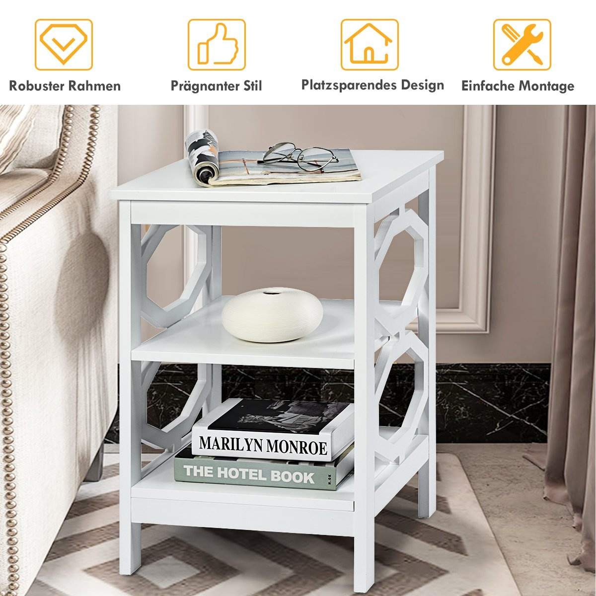 3 plan sengebord OO-formet sidebord med stabil struktur 40 x 40 x 61 cm hvid