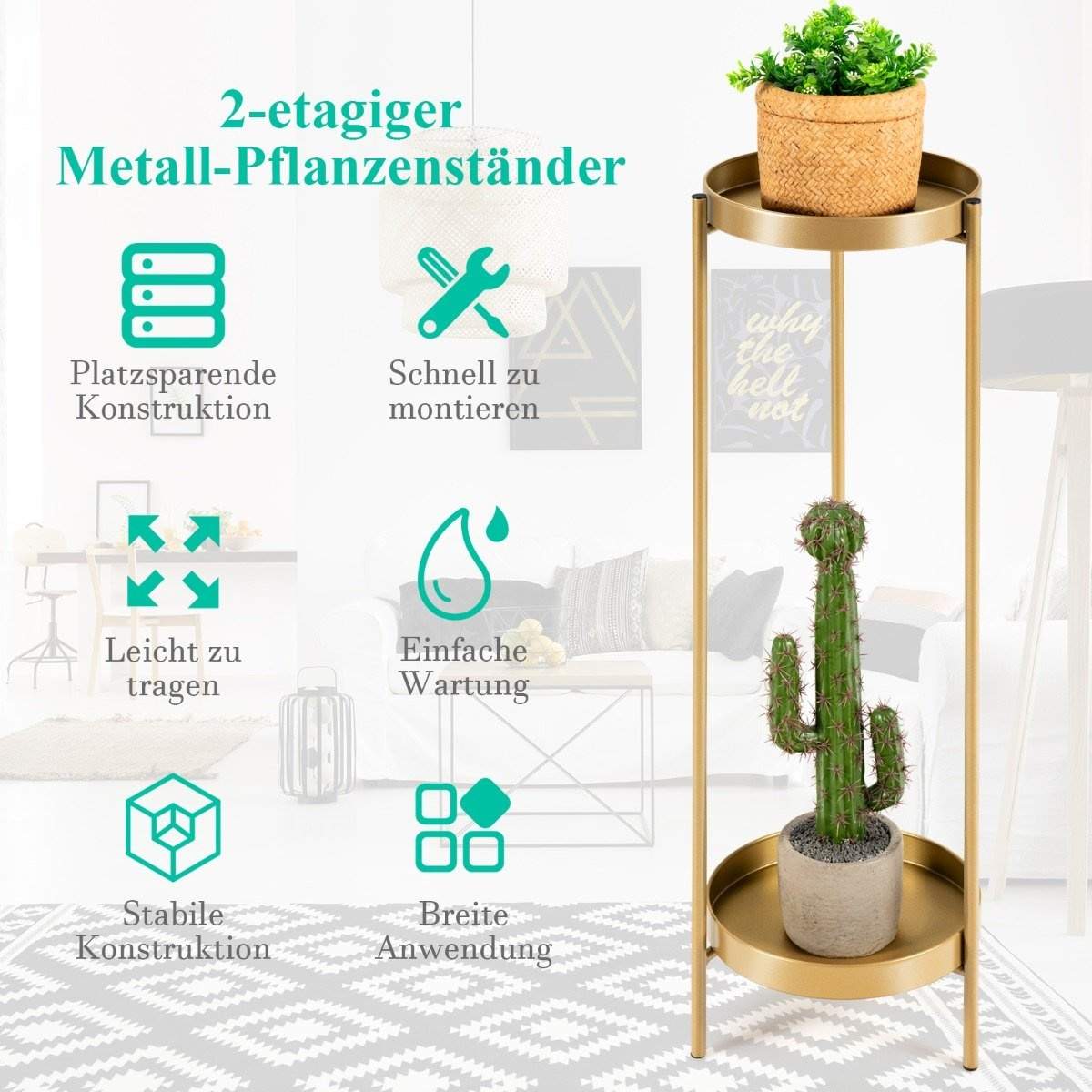 2-lags metal plantestand Moderne blomsterstativ med hylde 25 x 80 cm Gylden
