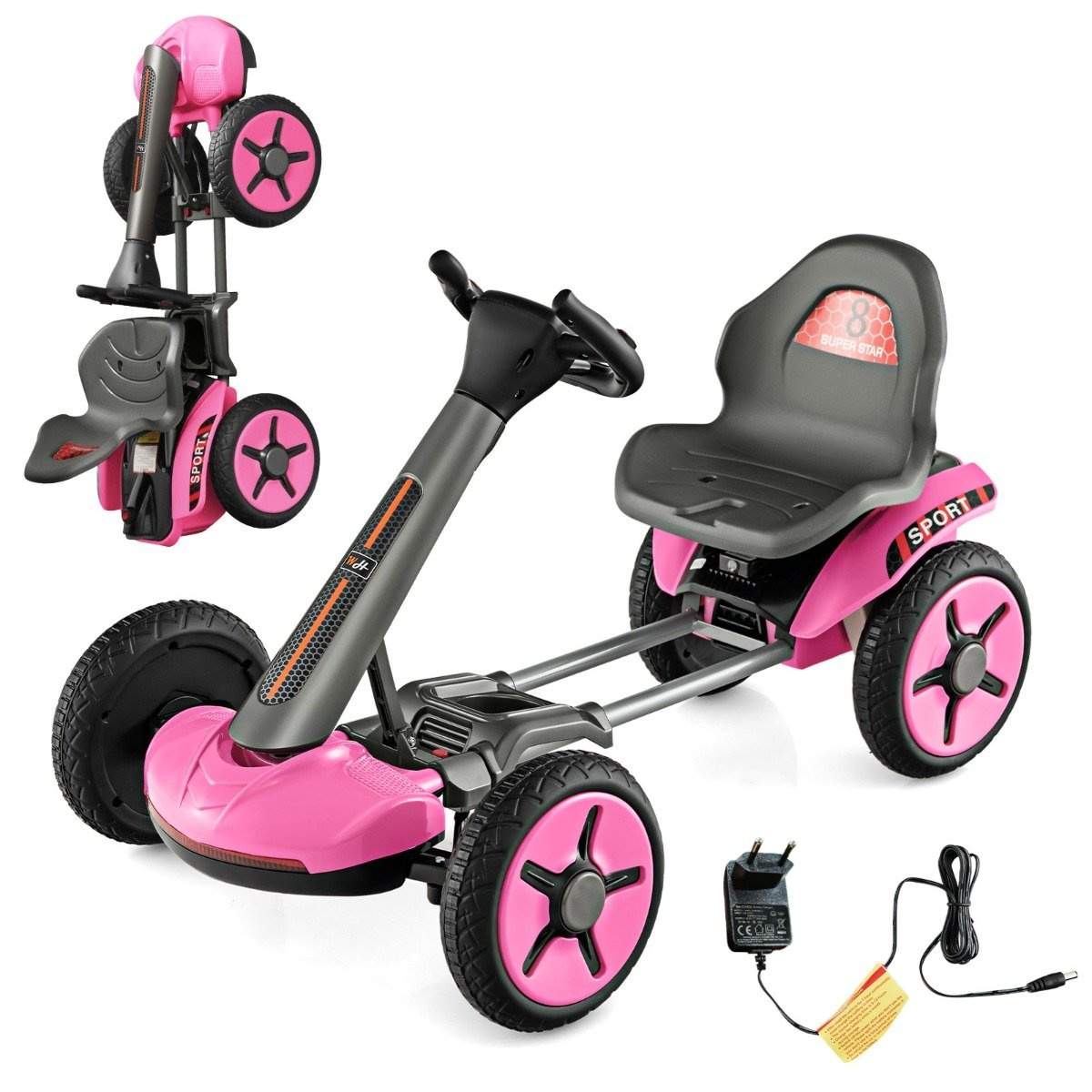 12V elektrisk gokart til børn med LED & 2-vejs justerbart rat & sædelys pink