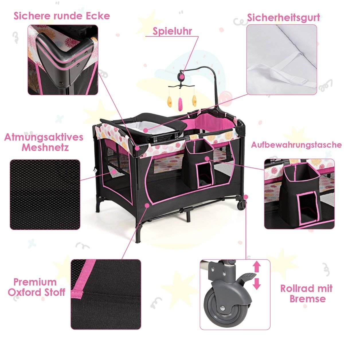 Babyseng 4 i 1 sammenklappelig rejseseng & sideseng & puslebord & kravlegård sort + pink