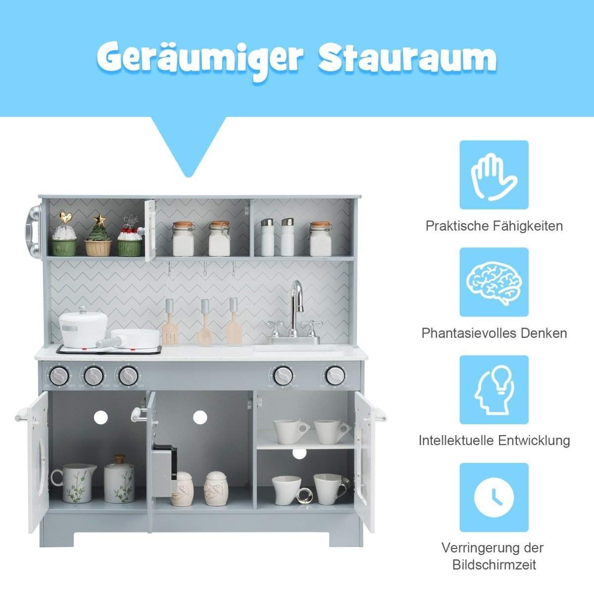 Børnekøkken med realistisk lys & lyd & tilbehør 76 x 28 x 80 cm grå