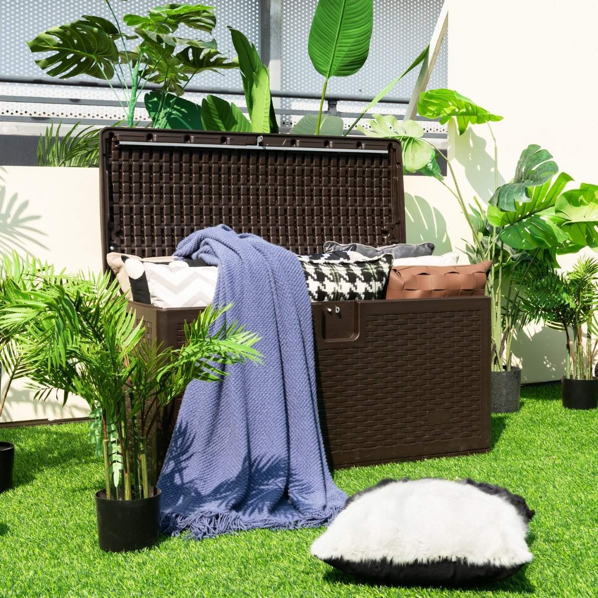 Opbevaringsboks til alle vejrforhold 276L Kapacitet med låsbart låg Vandtæt haveboks Brun