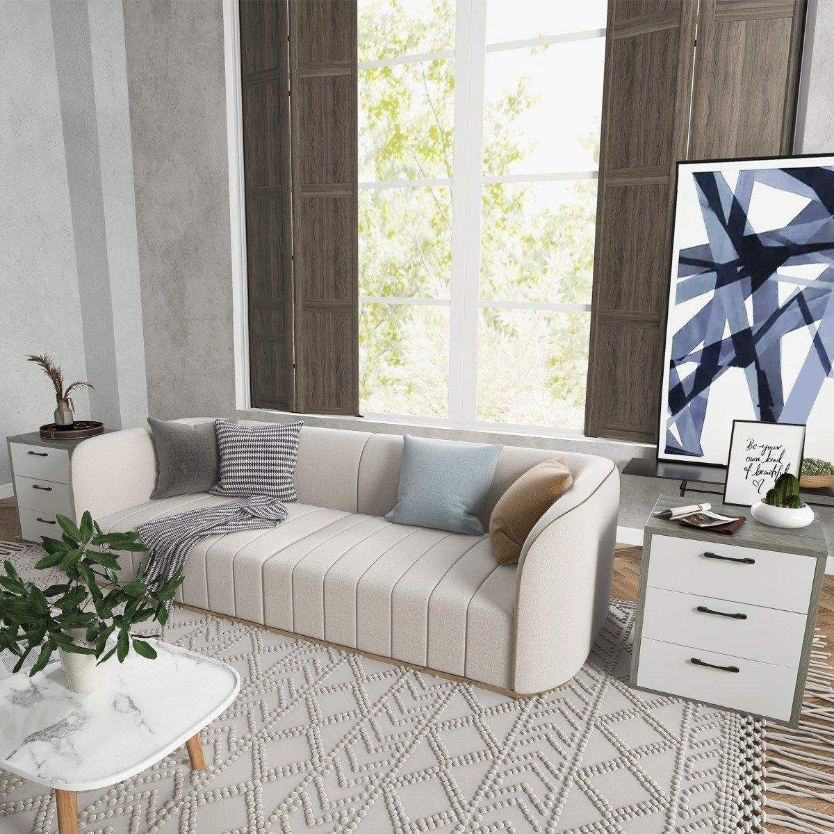 Moderne sengebord i træ med 3 udtræksskuffer 55 x 47 x 65,5 cm grå + hvid