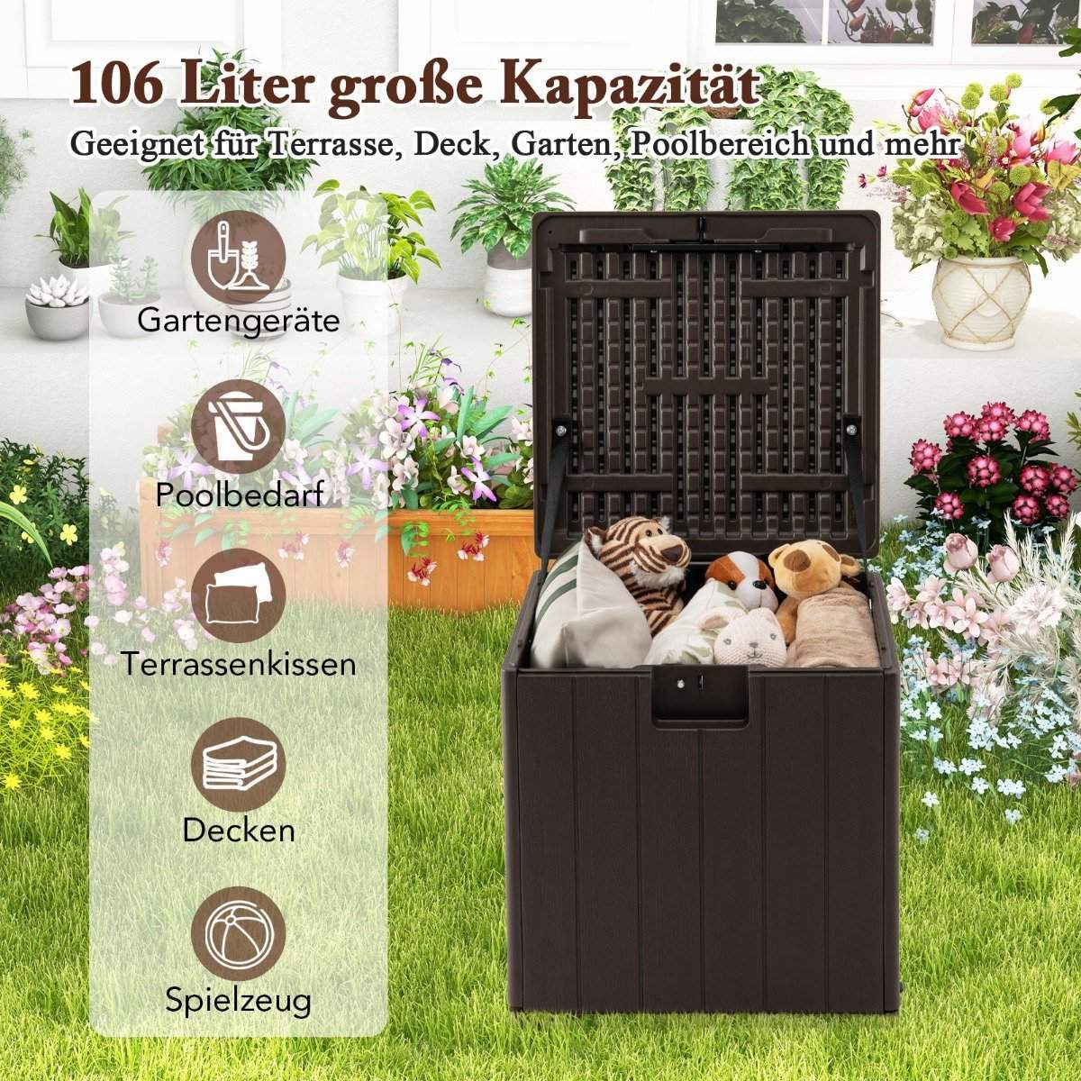 Opbevaringsboks til alle vejrforhold 106L Kapacitet med låsbart låg Vandtæt haveboks Brun