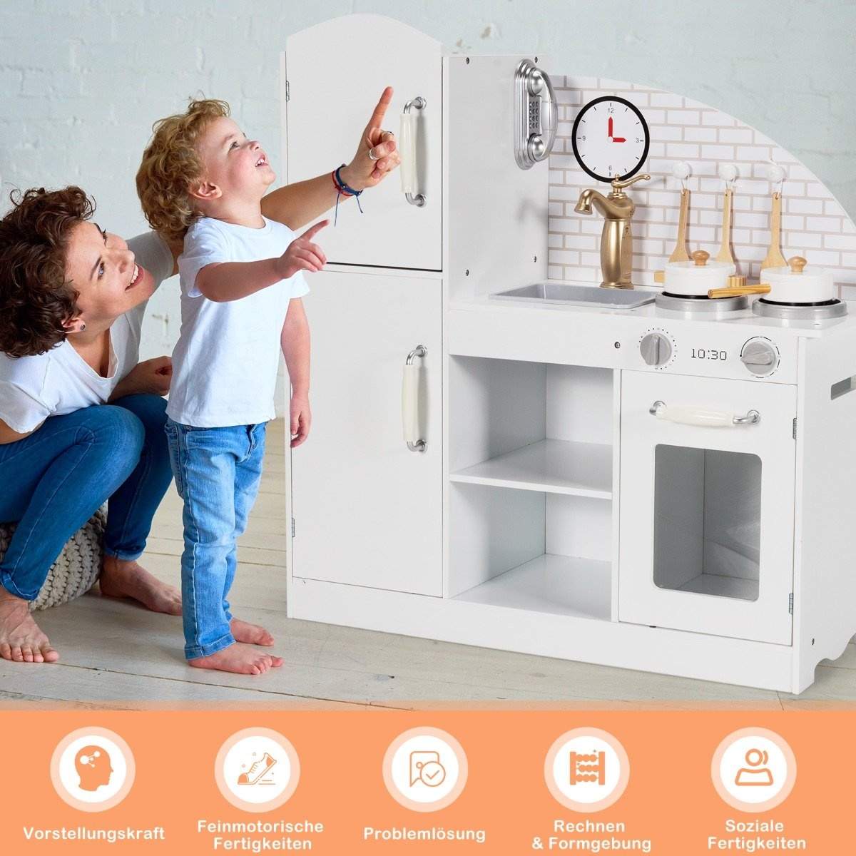 Trækøkken til børn med redskaber & hane & vask, telefon & skabe 78 x 29 x 83 cm hvid