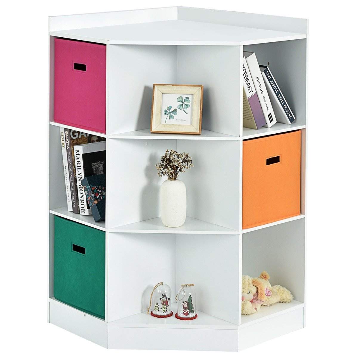 3-lags børnehylde med 6 åbne hylder og 3 farvede kurve 81 x 61 x 94 cm hvid