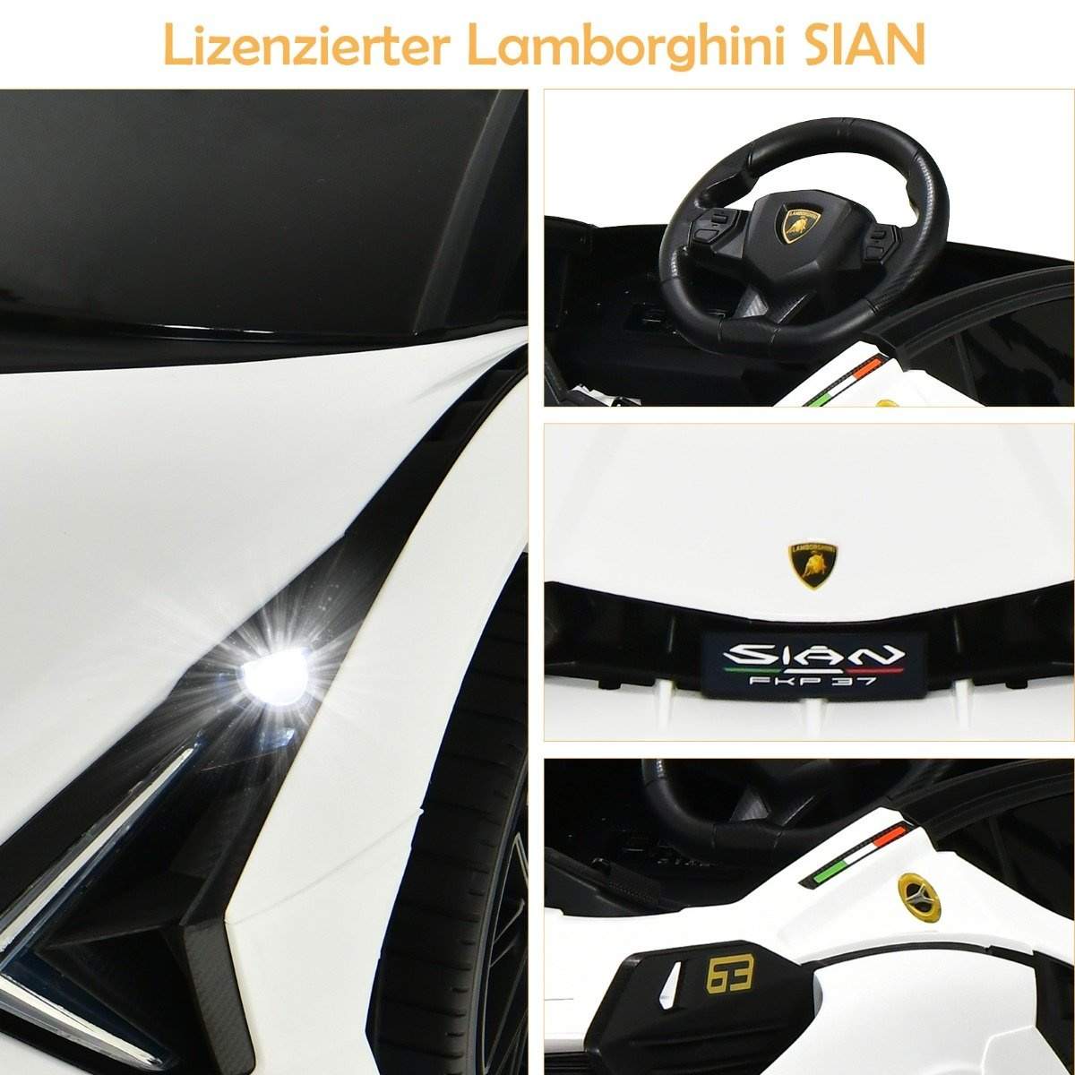 12V Lamborghini børne-elbil med 2,4G fjernbetjening børnebil 3-5km/t med MP3 hvid