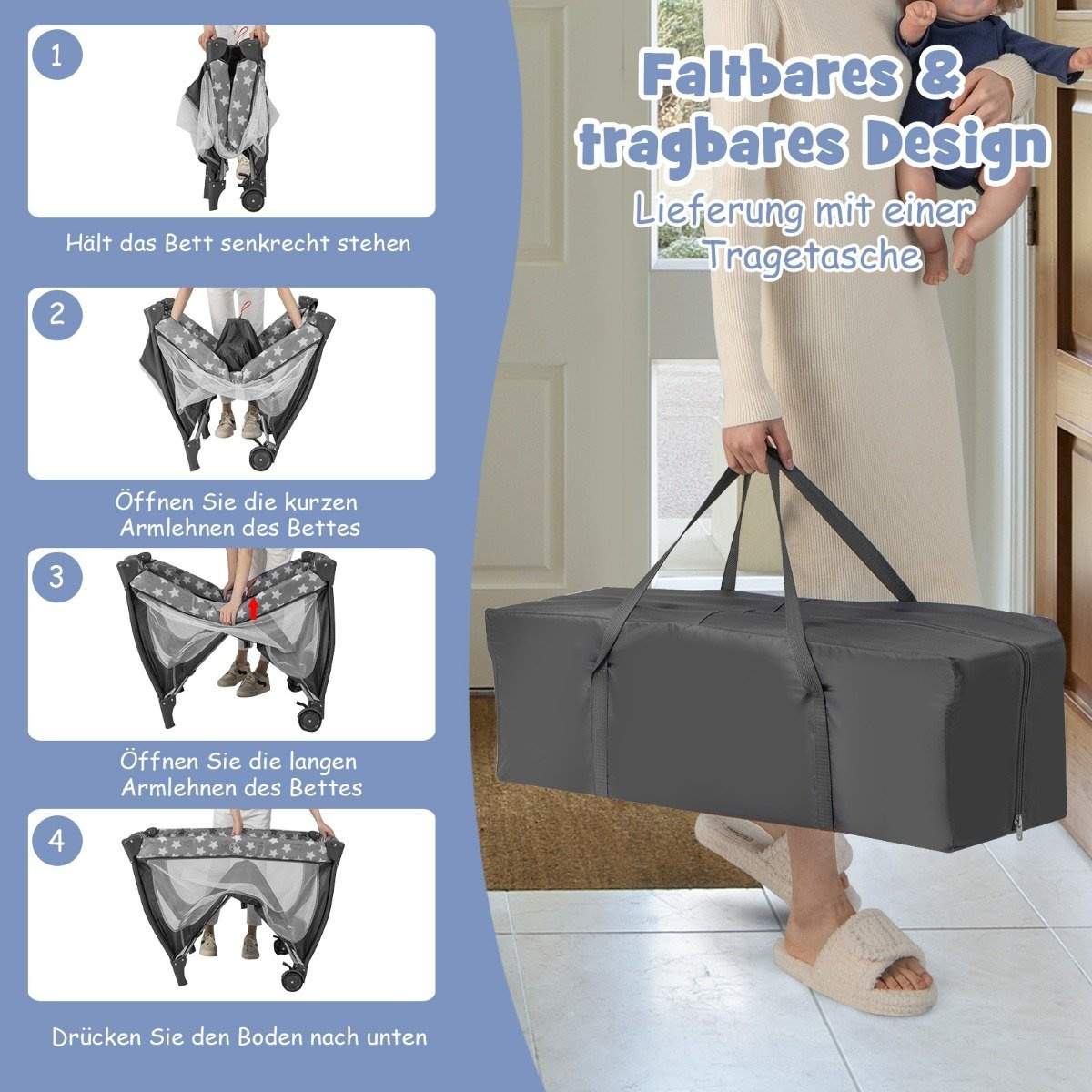 5 I 1 babyseng transportabel sideseng rejseseng med foldbar madras 102 cm x 72 cm x 74 cm Grå