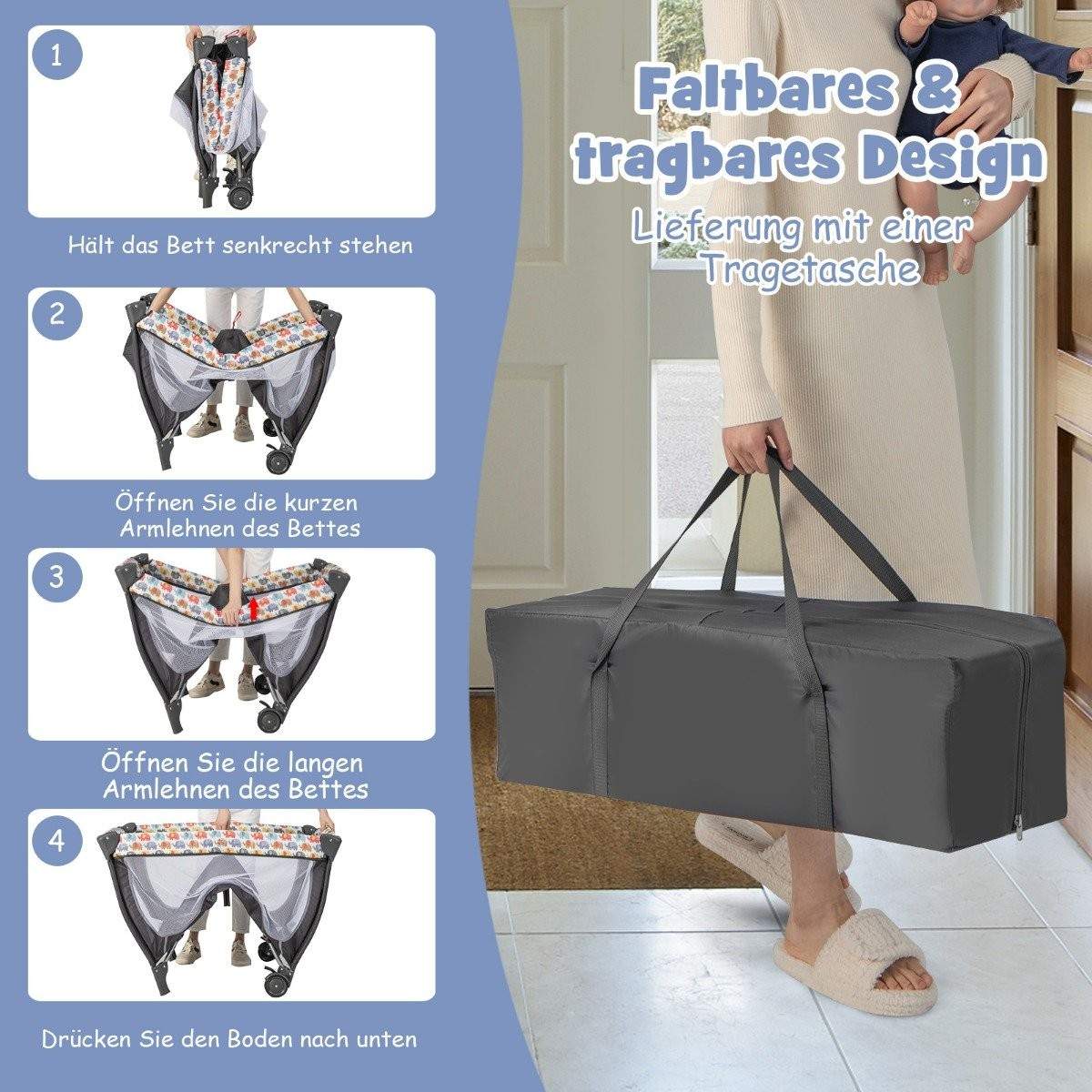 5 I 1 babyseng Transportabel sideseng rejseseng med foldbar madras 102 cm x 72 cm x 74 cm Farverig