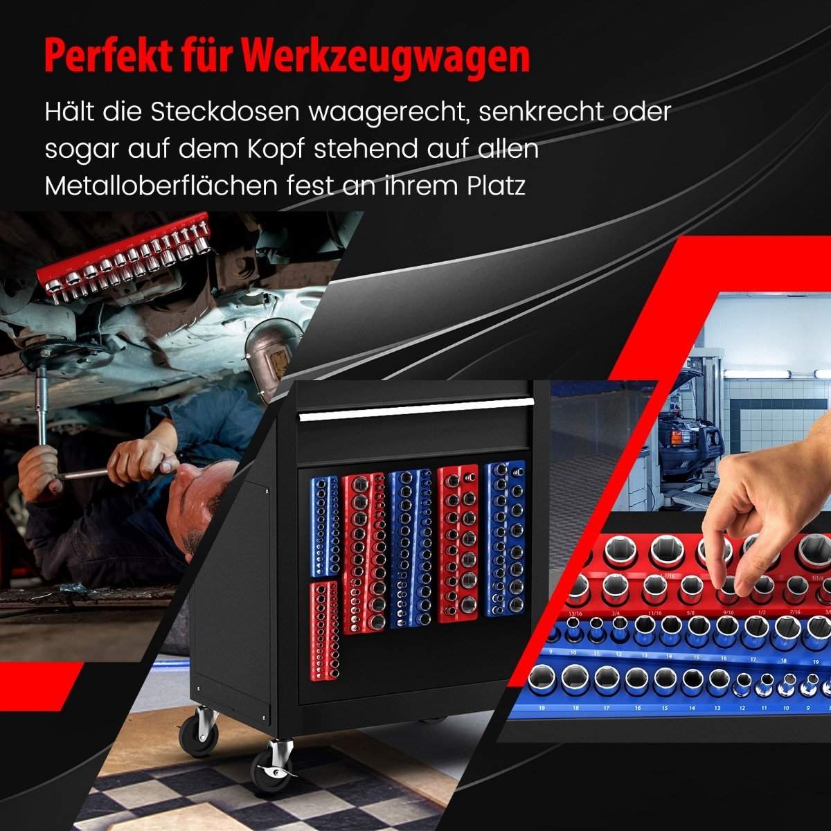 Pakkauksessa 6 hylsyavaimen pidikettä magneettinen 1/2 tuuman, 3/8 tuuman ja 1/4 tuuman kiinnityskisko hylsyille