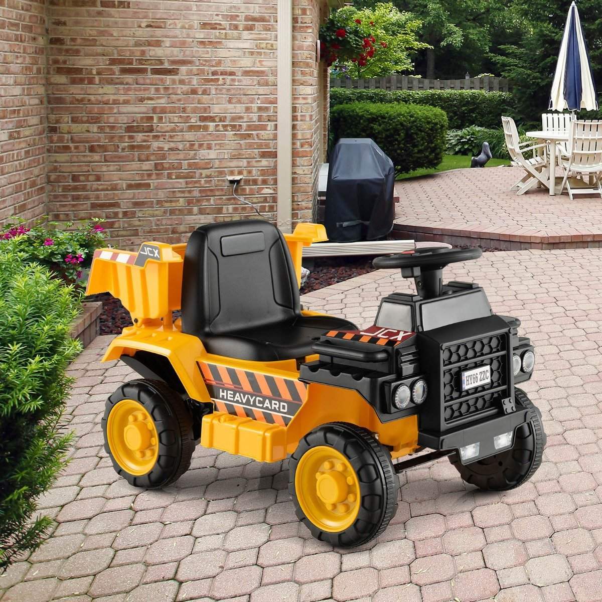 6V børnedumper med beskyttelseshjelm op til 2,5 km/t til børn fra 18 måneder gul