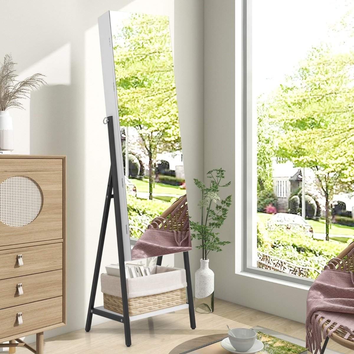 Smykkeskab med spejl & 3-farvet LED-belysning 41,5 x 37 x 157 cm hvid