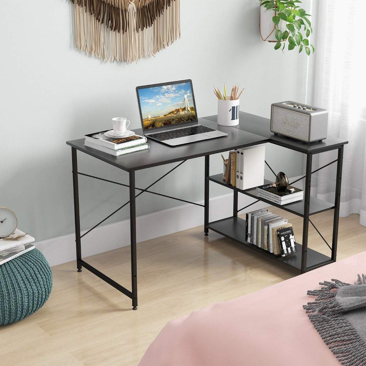 L-formet skrivebord hjørne computerbord med opbevaringsrum kontorbord 120 x 88 x 74,5 cm sort