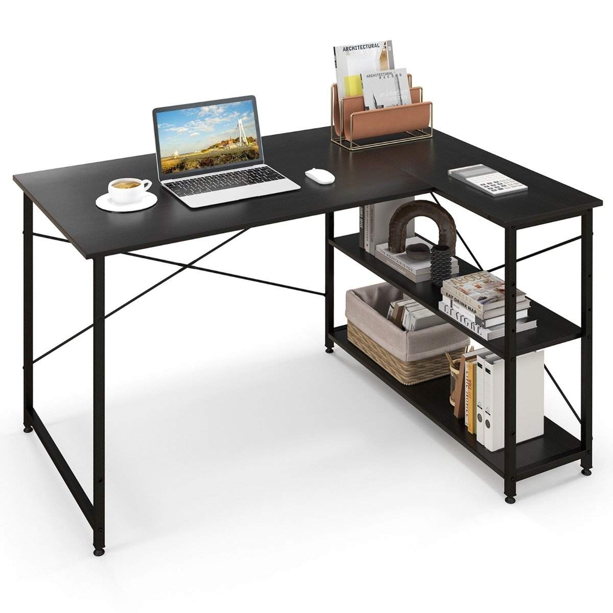 L-shape desk corner computer table with storage compartments office ...