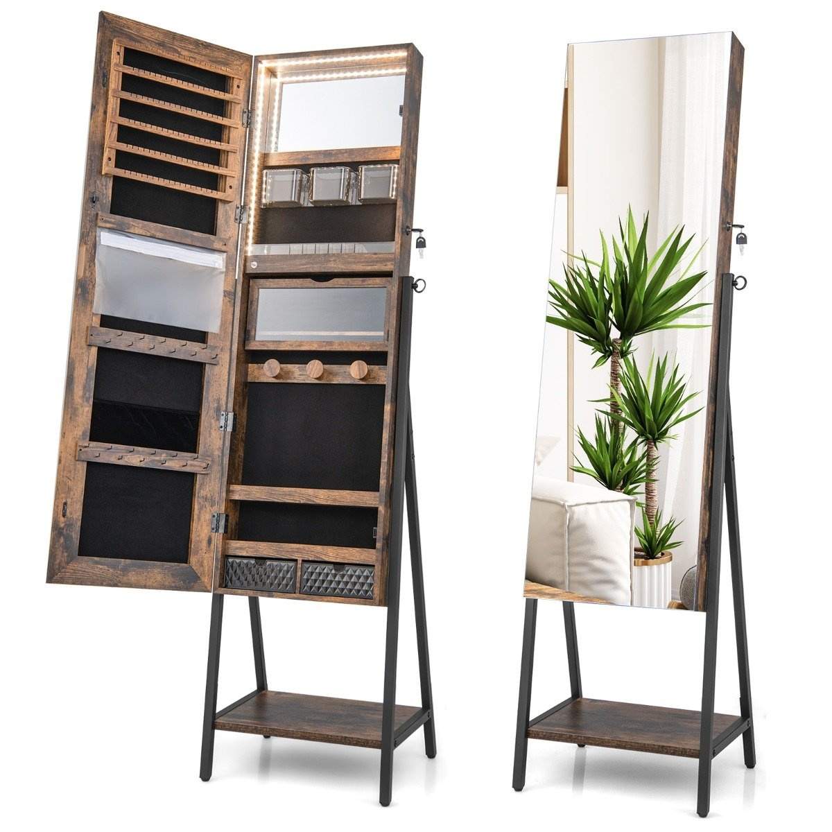Smykkeskab med spejl & 3-farvet LED-belysning 41,5 x 37 x 157 cm Rustik brun