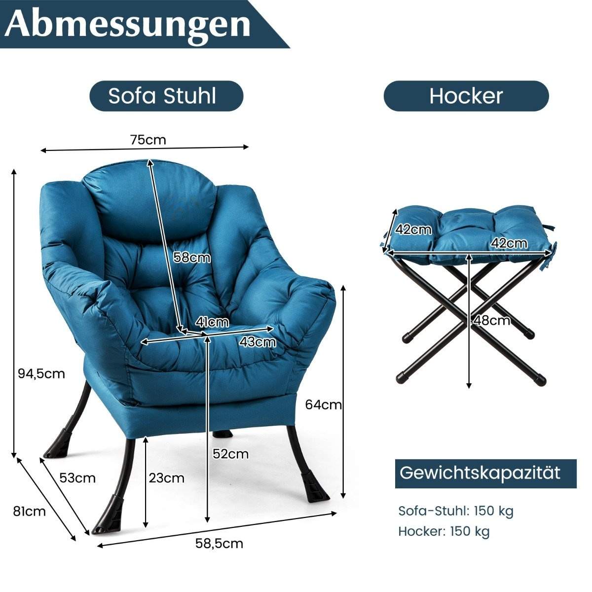Lænestol med skammel & armlæn & sidelomme & fodstøtte afslapningsstol vingestol blå