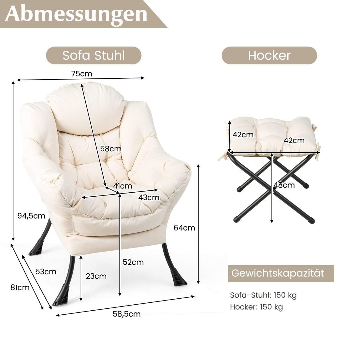 Lænestol med skammel & armlæn & sidelomme & fodstøtte afslapningsstol wing stol beige