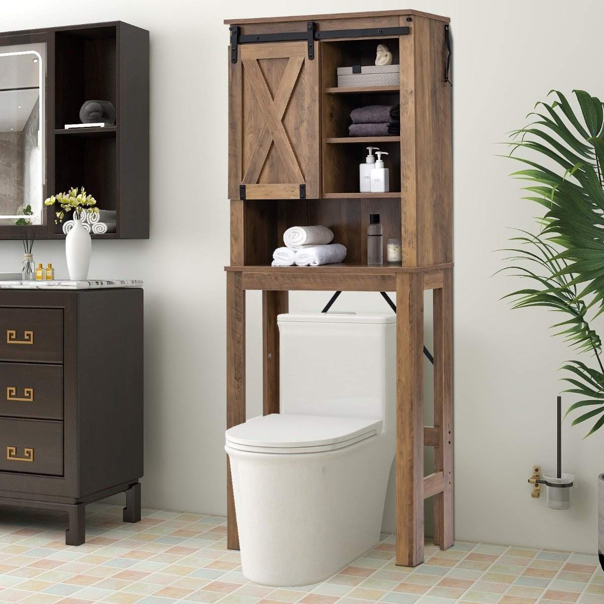 Toiletskab i træ med skydedør og 4-vejs justerbare hylder, brun