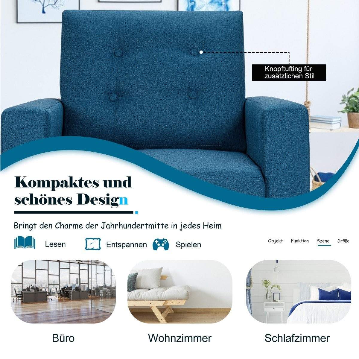 Lænestol med 2 sidelommer Vingestol med armlæn og rygpuder 75 x 81 x 86 cm Blå 53 cm sædedybde