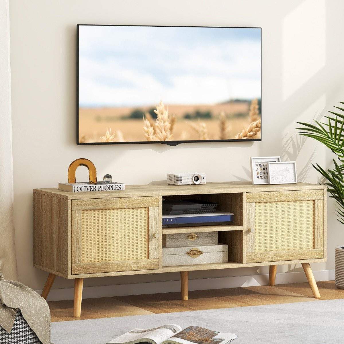 Rattan tv-skab med 2 døre og åbne rum til tv op til 55 tommer 120 x 40 x 48,5 cm