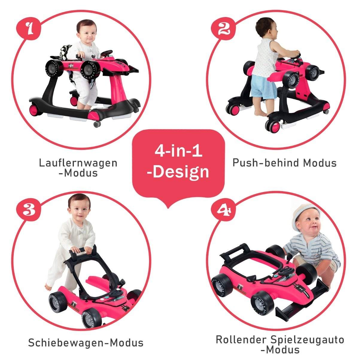 4 i 1 gåstol sammenklappelig gåstol 73 x 64 x 50,5/53,5/55,5 cm pink
