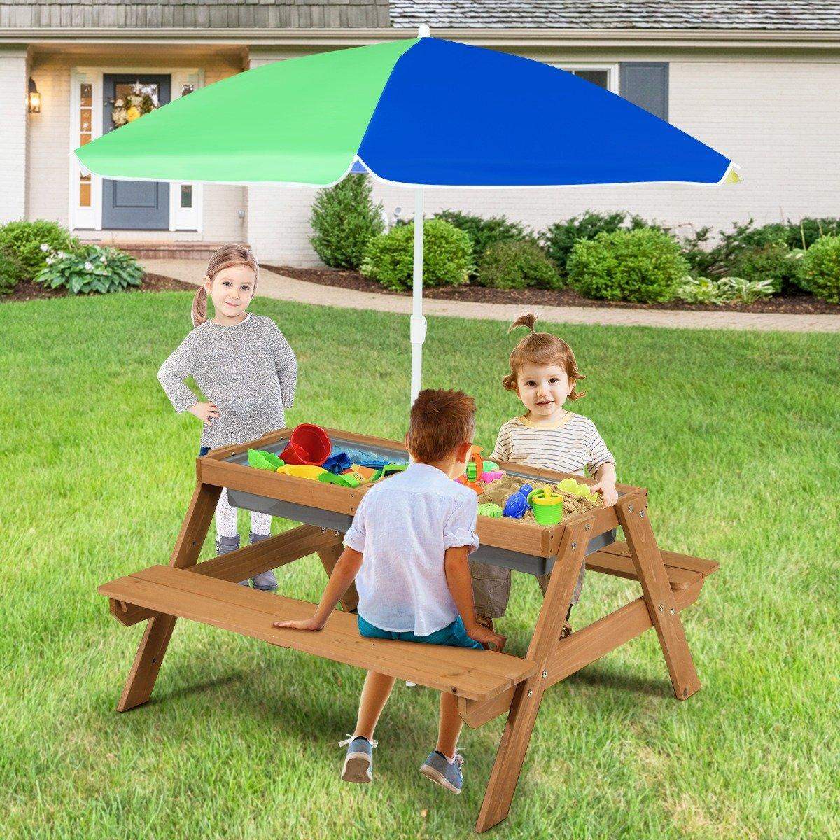 3 i 1 børnepicnicbord med parasol og bænke og aftagelig bordplade
