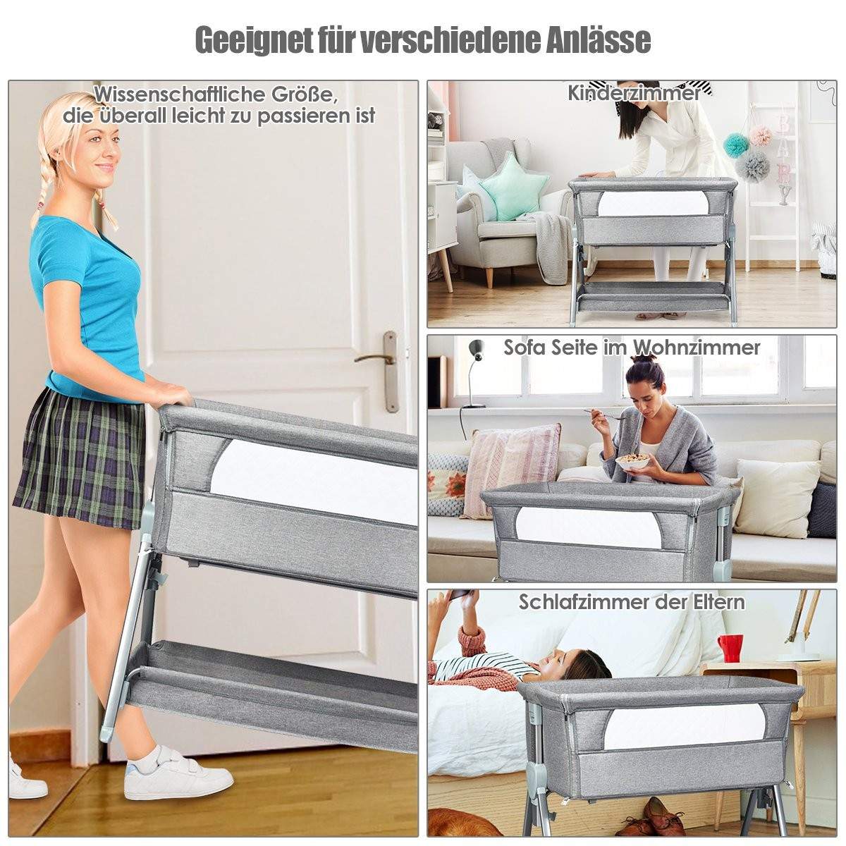 Transportabel tremmeseng med hjul Højdejusterbar tremmeseng grå