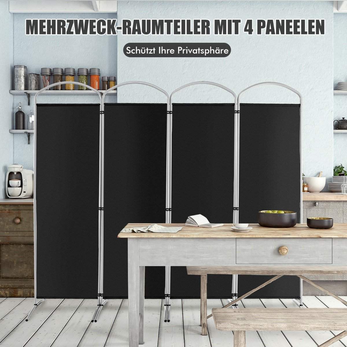 Sammenfoldelig 4 panel rumdeler til hjemmet 221 x 51 x 188 cm-Sort