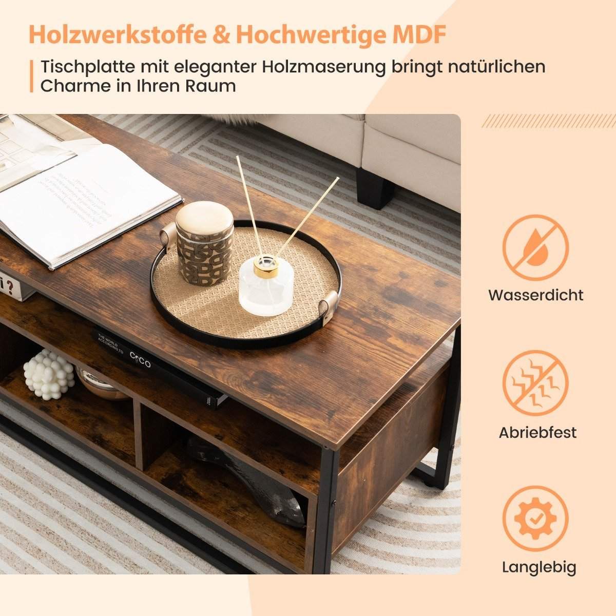 Sofabord med opbevaring Industrielt bord med åbne hylder 110 x 42,5 x 45 cm Rustik brun