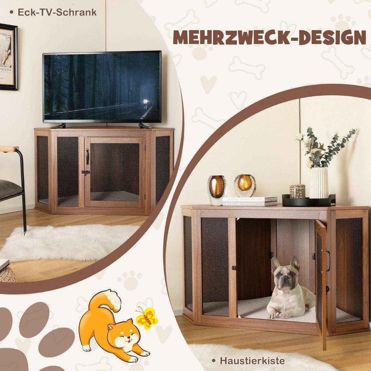 Hjørne kæledyrsbur Hundekennel endebord med netdør og pude 114 x 59 x 67 cm Brun