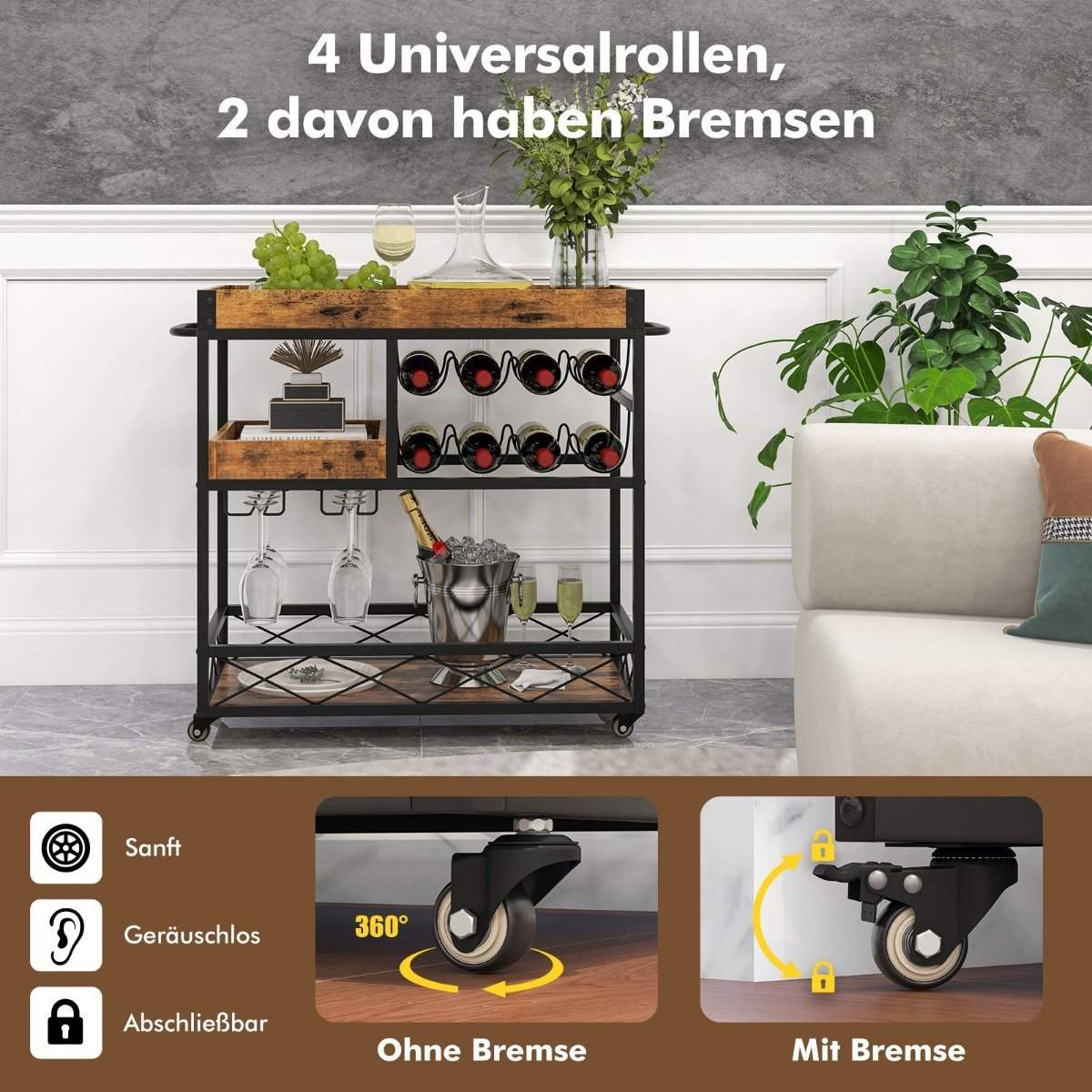 Serveringsvogn 3 etagers rullestangsvogn med aftagelig bakke 80 x 40 x 83 cm rustik brun