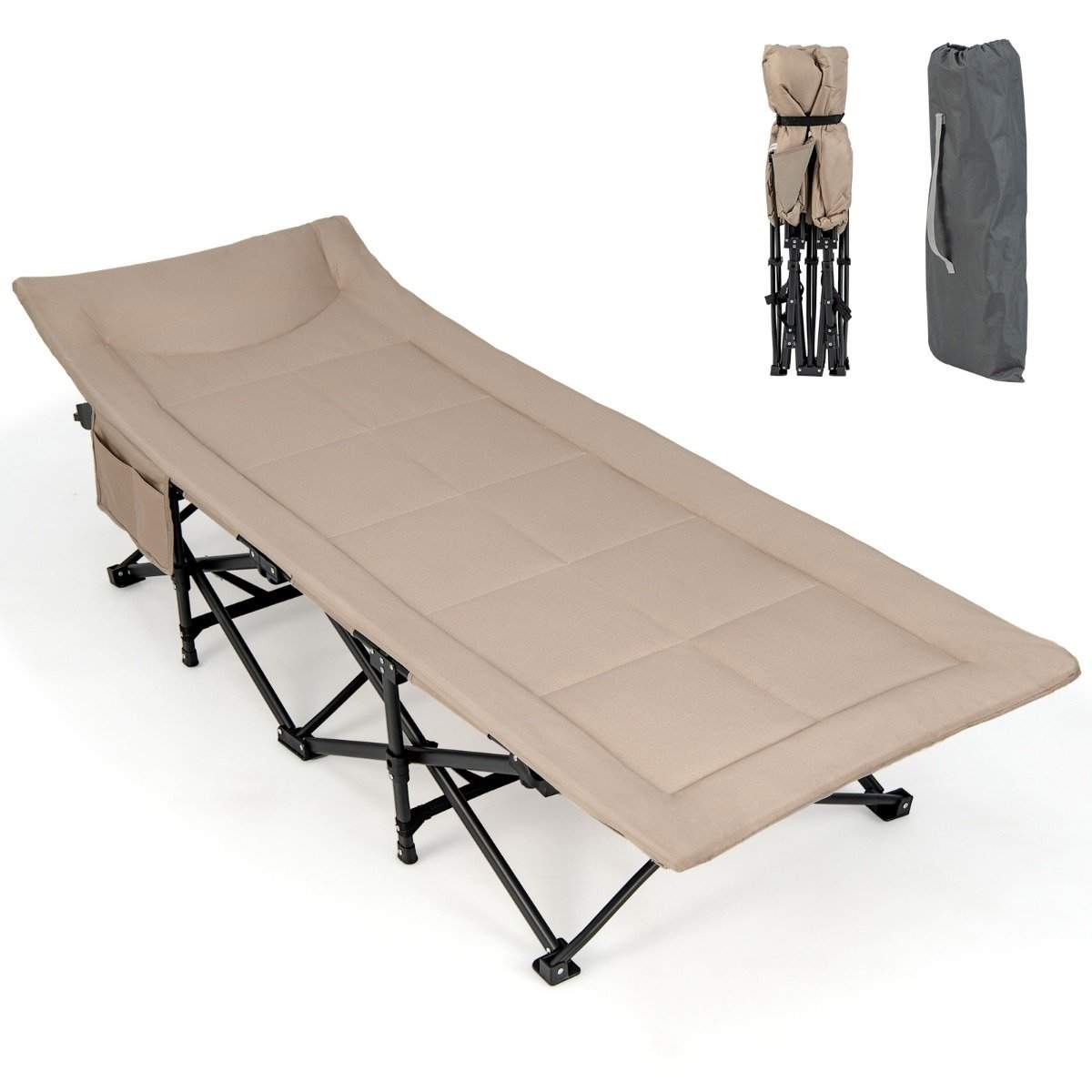 Sammenklappelig campingstol med sidelomme, feltseng, bæreevne op til 200 kg, gæsteseng, kaki