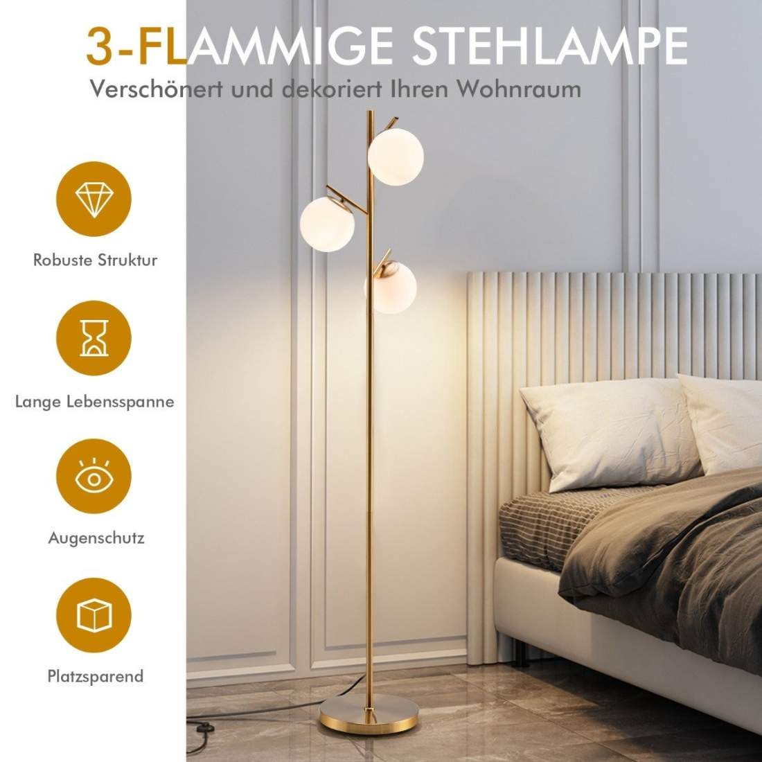 3-lamps golvlampa med praktisk fotkontakt & E27 glödlampa läslampa | Sport & Fritid - Friluftsliv & Camping - Belysning | Pryloteket